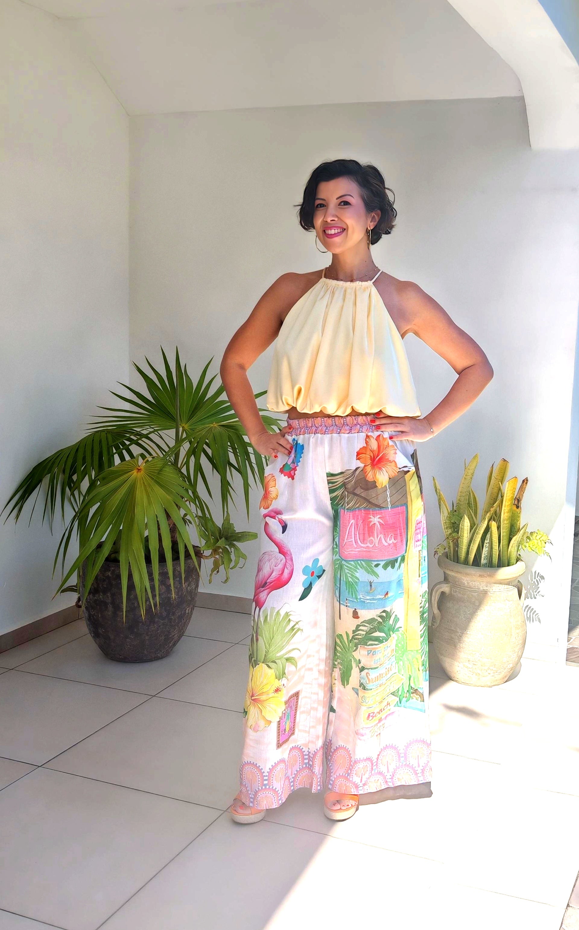 pantalon  imprimé flamant rose